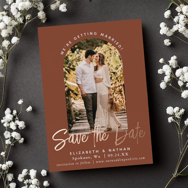 Terracotta Save the Date Stylish Script Photo (Creator Uploaded)