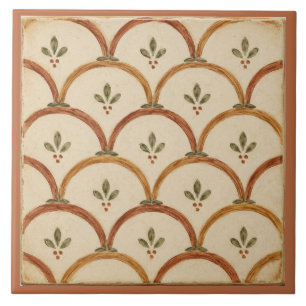 Terracotta Scallop Folk Floral Pattern Ceramic Tile