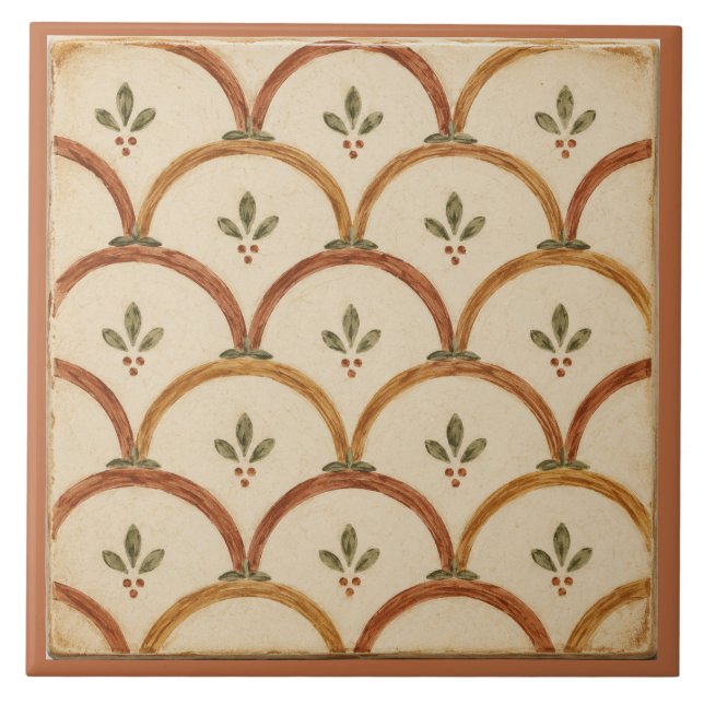 Terracotta Scallop Folk Floral Pattern Ceramic Tile (Front)