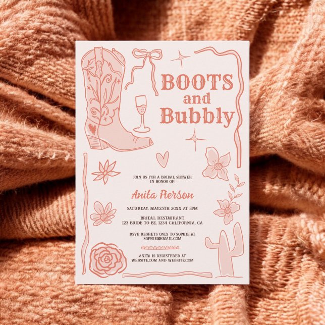 Terracotta scribbles boots bubbly bridal shower invitation (Terracotta scribbles boots bubbly bridal shower invitation)
