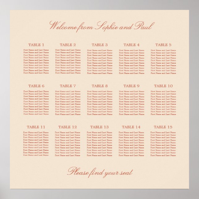 Terracotta Script 15 Table Wedding Seating Poster (Front)