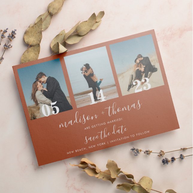 Terracotta Script 3 Photo Wedding Save The Date Magnetic Invitation (Creator Uploaded)