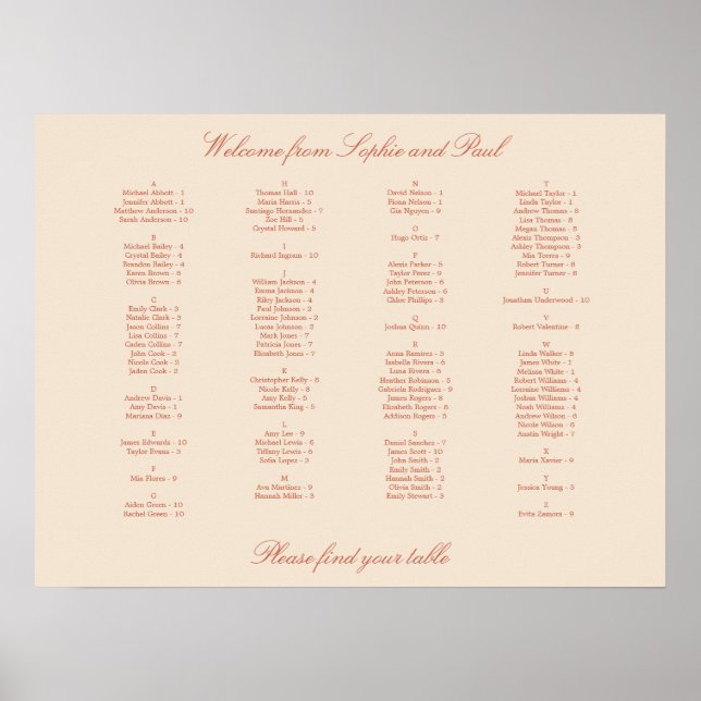 Terracotta Script Alphabetical Seating Poster (Front)