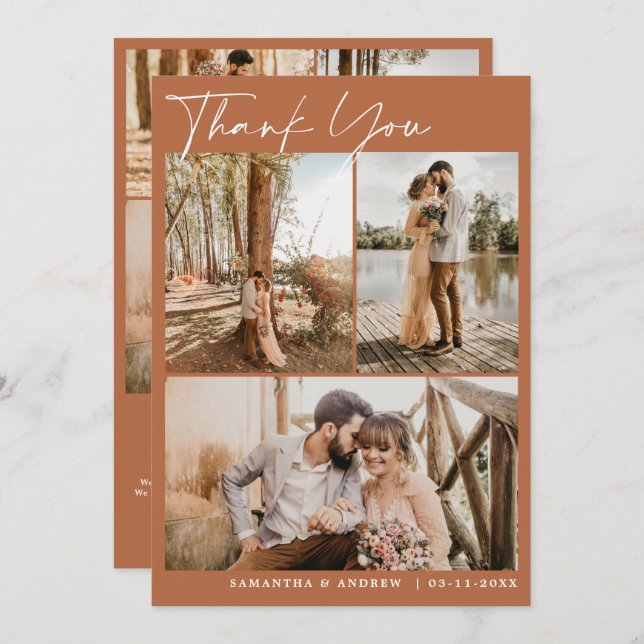 Terracotta script chic 6 photos wedding thank you (Front/Back)