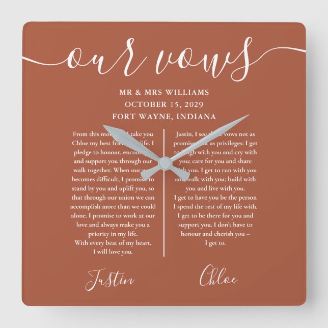 Terracotta Script His And Hers Wedding Vows Square Wall Clock (Front)