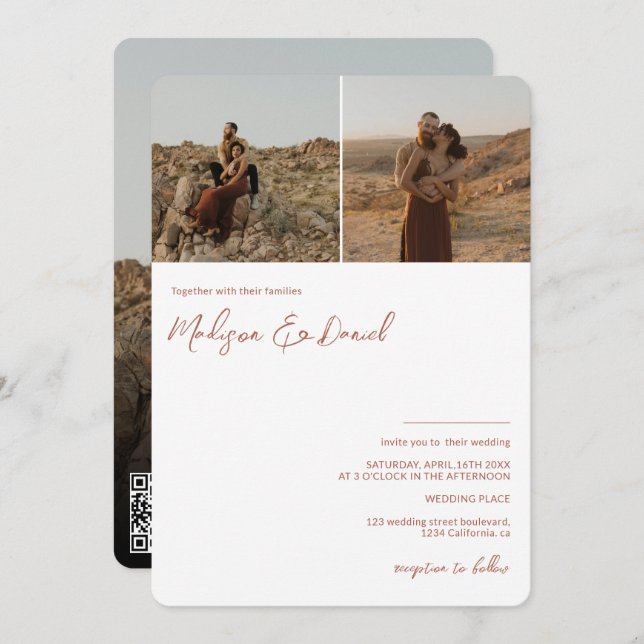 Terracotta script names 3 photos qr code wedding invitation (Front/Back)