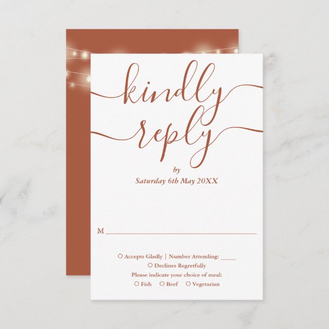 Terracotta Script String Lights Wedding RSVP Card (Front/Back)