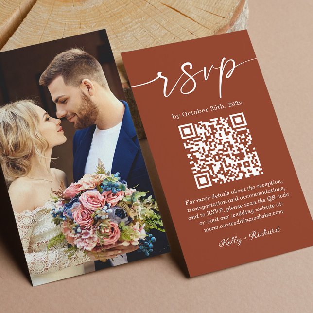 Terracotta Script Wedding Online RSVP QR Code Enclosure Card (On the back, you have the option to add a photo, making it a cherished memento for your loved ones.)