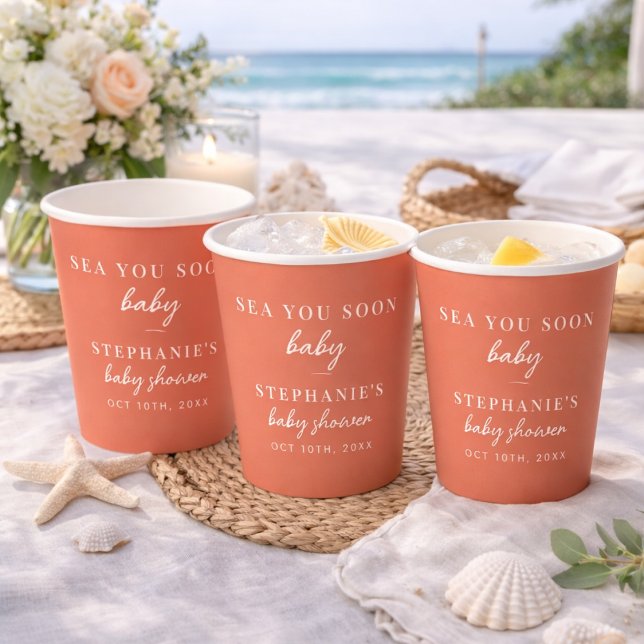 Terracotta Sea You Soon Baby Beach Baby Shower Paper Cups (Creator Uploaded)