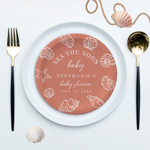 Terracotta Sea You Soon Coastal Beach Baby Shower Paper Plate