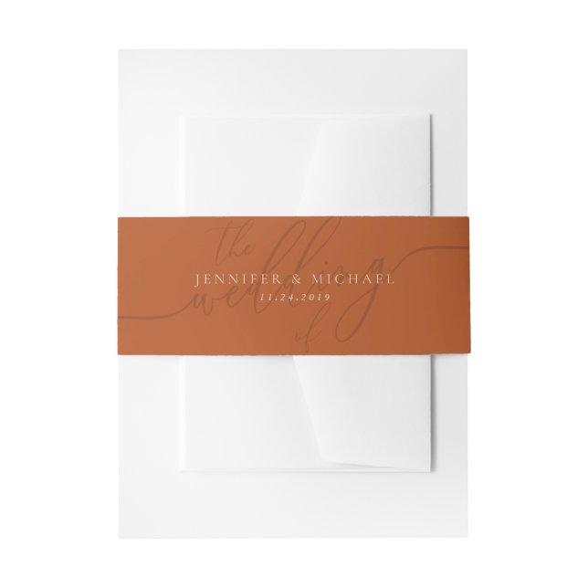 Terracotta Signature Script Name Date Wedding Invitation Belly Band (Front Example)
