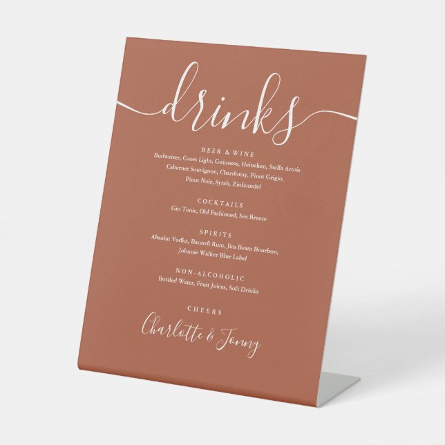 Terracotta Signature Script Wedding Drinks Menu  Pedestal Sign (Front)