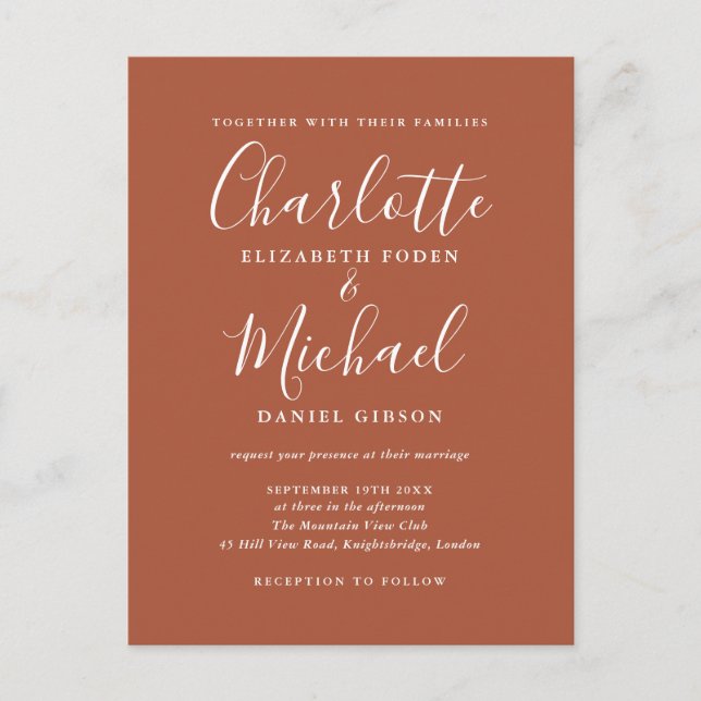 Terracotta Signature Script Wedding Invitation Postcard (Front)
