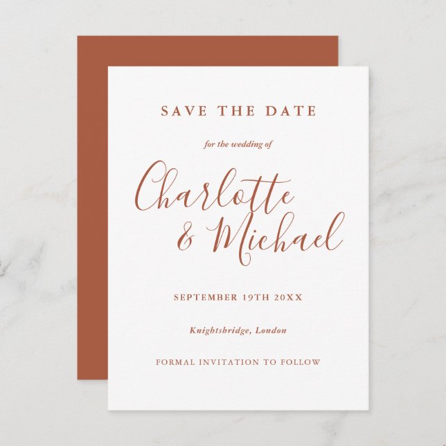 Terracotta Signature Script Wedding Save the Date Postcard (Front/Back)