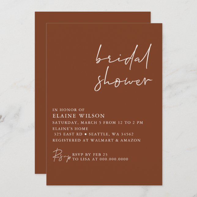 Terracotta Simple Elegant Modern Bridal Shower  Invitation (Front/Back)