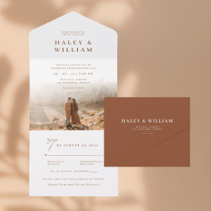 Terracotta Simple Minimalist Boho Photo Wedding All In One Invitation