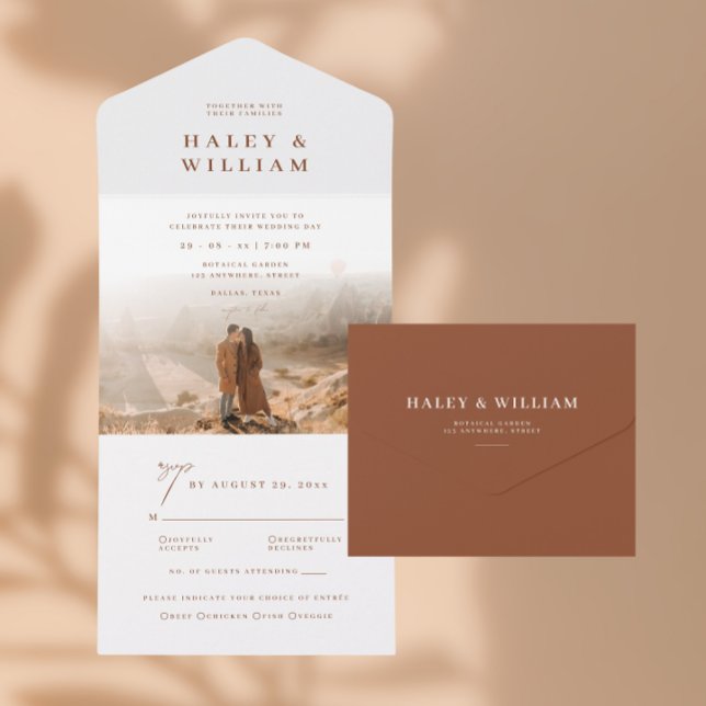 Terracotta Simple Minimalist Boho Photo Wedding All In One Invitation (Creator Uploaded)