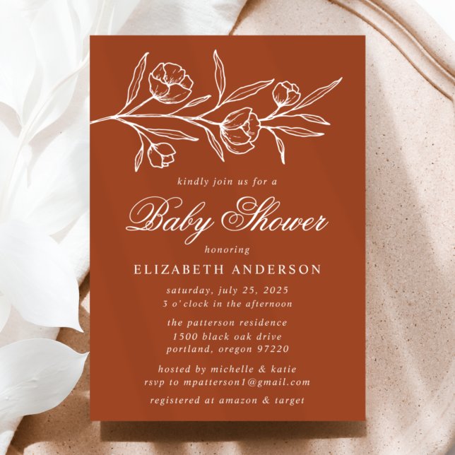 Terracotta Sketched Floral Baby Shower Invitation (Creator Uploaded)