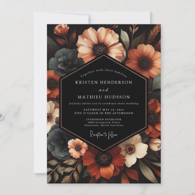 Terracotta & Slate Moody Floral Wedding Invitation (Front)