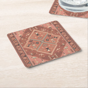 Terracotta Southwestern Tribal Geometric Art Square Paper Coaster