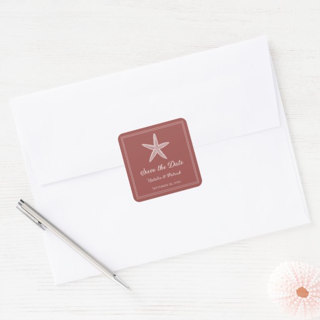 Terracotta Starfish Save the Date Square Sticker (Envelope)