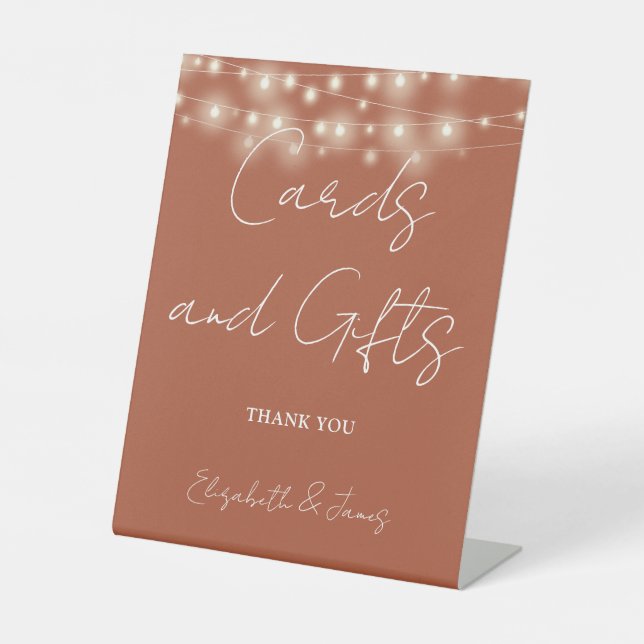 Terracotta String Lights Cards And Gifts Pedestal Sign (Front)