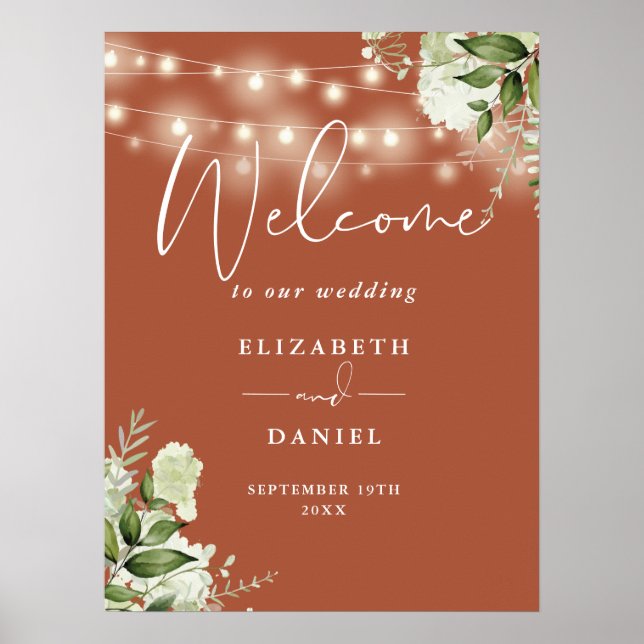 Terracotta String Lights Floral Wedding Welcome Poster (Front)