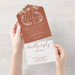 Terracotta String Lights Foliage Wedding All In One Invitation