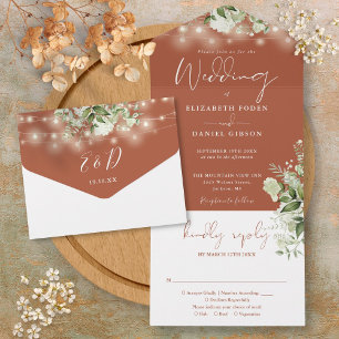 Terracotta String Lights Greenery Monogram Wedding All In One Invitation
