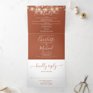 Terracotta String Lights Script Monogram Wedding Tri-Fold Invitation