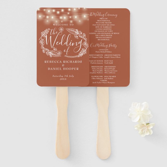 Terracotta String Lights Wedding Program Hand Fan (Front and Back)
