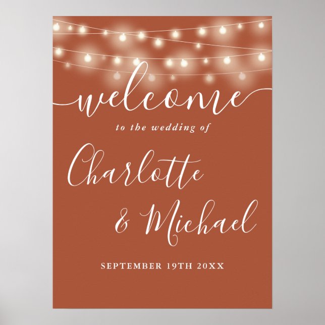 Terracotta String Lights Wedding Welcome Sign (Front)