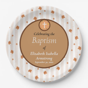 Terracotta Stripe Pattern Wreath Autumn Baptism Paper Plate