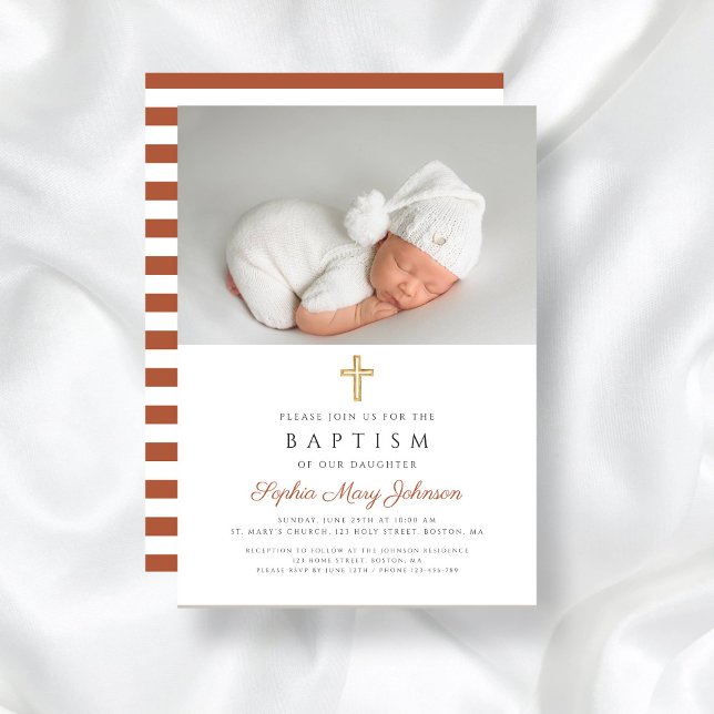Terracotta Stripes Religious Cross Photo Baptism Invitation (Terracotta Stripes Religious Cross Photo Baptism Invitation)