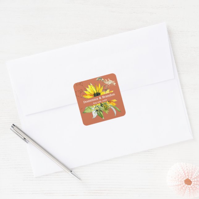 Terracotta Sunflower Wedding Square Sticker (Envelope)