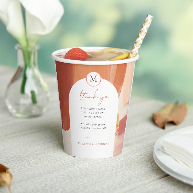 Terracotta Sunrise | Monogram Wedding Paper Cups (Insitu)