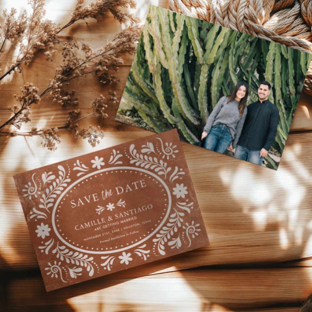 Terracotta Talavera Photo Save the Date (Terracotta Rustic Papel Picado Save the Date with Photo)