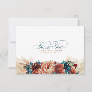 Terracotta Teal Blue Floral Boho Small Thank You Card