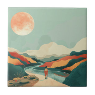 Terracotta Teal Boho River Mountain Journey Ceramic Tile