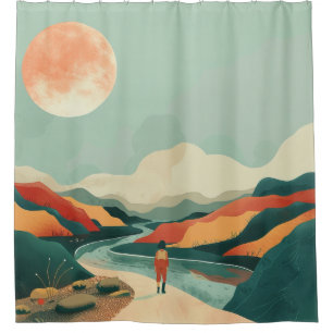 Terracotta Teal Boho River Mountain Journey Shower Curtain