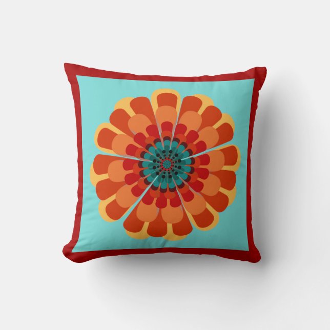 Terracotta & Teal Flower with Red Orange Border Cushion (Front)