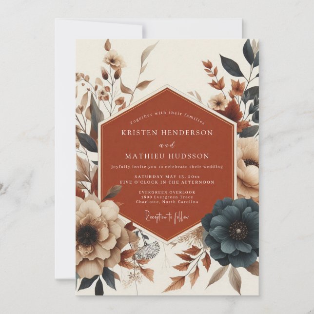 Terracotta Teal Moody Bloom Wedding Invitation (Front)