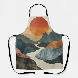 Terracotta Teal Mountain Sunset River Landscape Apron