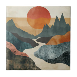 Terracotta Teal Mountain Sunset River Landscape Ceramic Tile