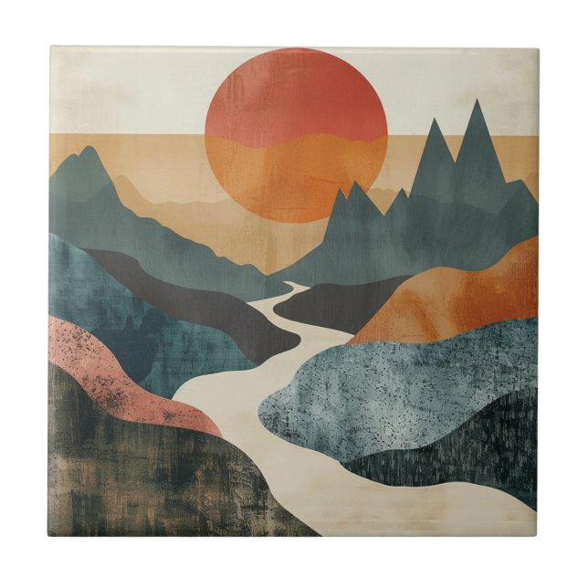 Terracotta Teal Mountain Sunset River Landscape Ceramic Tile (Front)