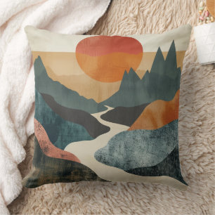 Terracotta Teal Mountain Sunset River Landscape Cushion