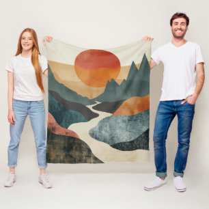 Terracotta Teal Mountain Sunset River Landscape Fleece Blanket