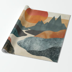 Terracotta Teal Mountain Sunset River Landscape Wrapping Paper