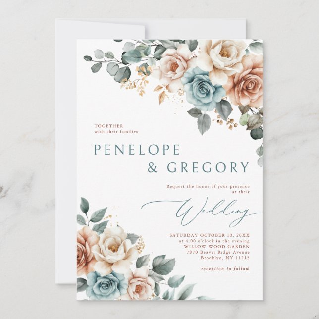 Terracotta Teal Neutral Watercolor floral wedding Invitation (Front)