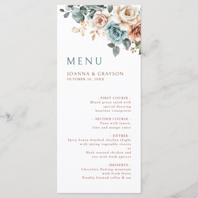 Terracotta Teal Neutral Watercolor floral wedding Menu (Front)